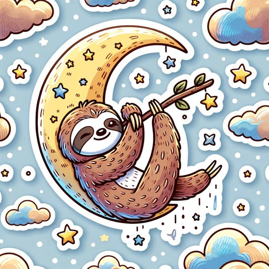 Vinyl sticker: Cartoon Sloth on Crescent Moon Sticker Decal - Cheerful Design for Laptop, Wall, Car, Window, Bumper, Truck, Waterproof, Auto, Water Bottle