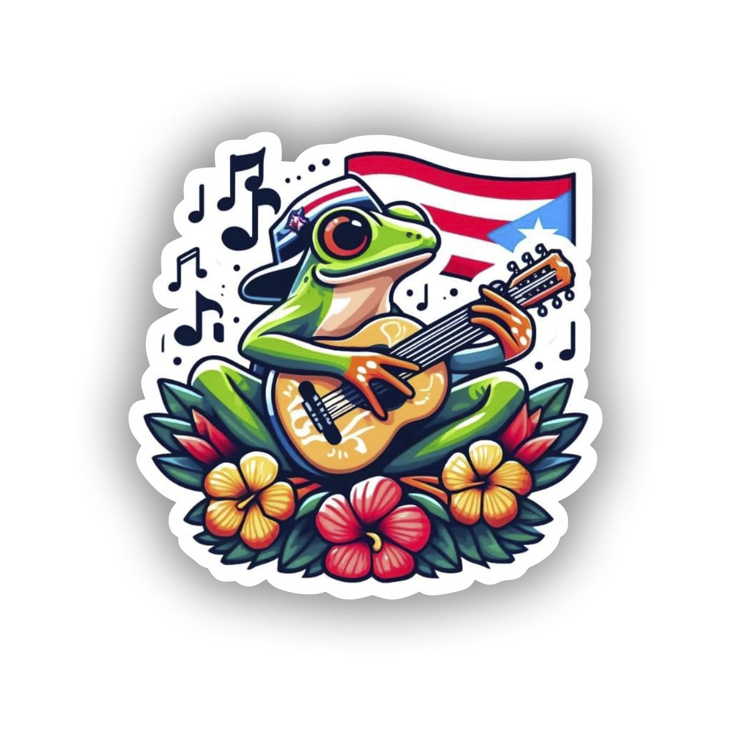 Vinyl sticker: Puerto Rican Coquí Frog Play in Guitar with Cuatro Sticker, Musical Cultural Decal for Laptop, Car, Window, Bumper, Waterproof Truck, Water Bottle Decoration