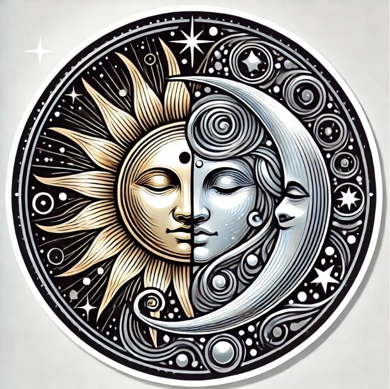 Vinyl sticker: Sun and Moon Celestial Face Sticker for Laptop, Wall, Car, Window, Bumper Decal – Mystical Cosmic Design for Truck, Waterproof and Auto Use, Ideal for Water Bottles and More
