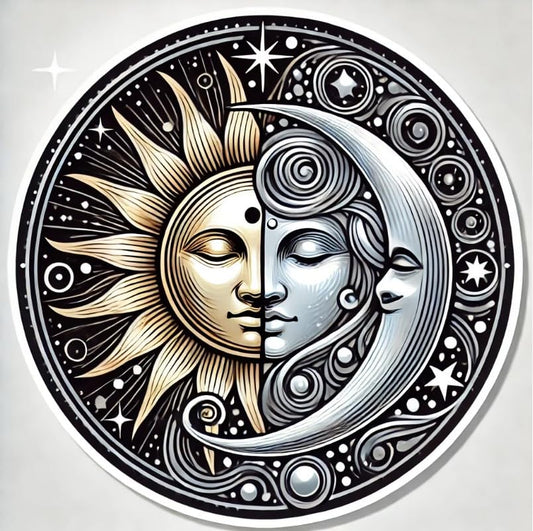 Vinyl sticker: Sun and Moon Celestial Face Sticker for Laptop, Wall, Car, Window, Bumper Decal – Mystical Cosmic Design for Truck, Waterproof and Auto Use, Ideal for Water Bottles and More