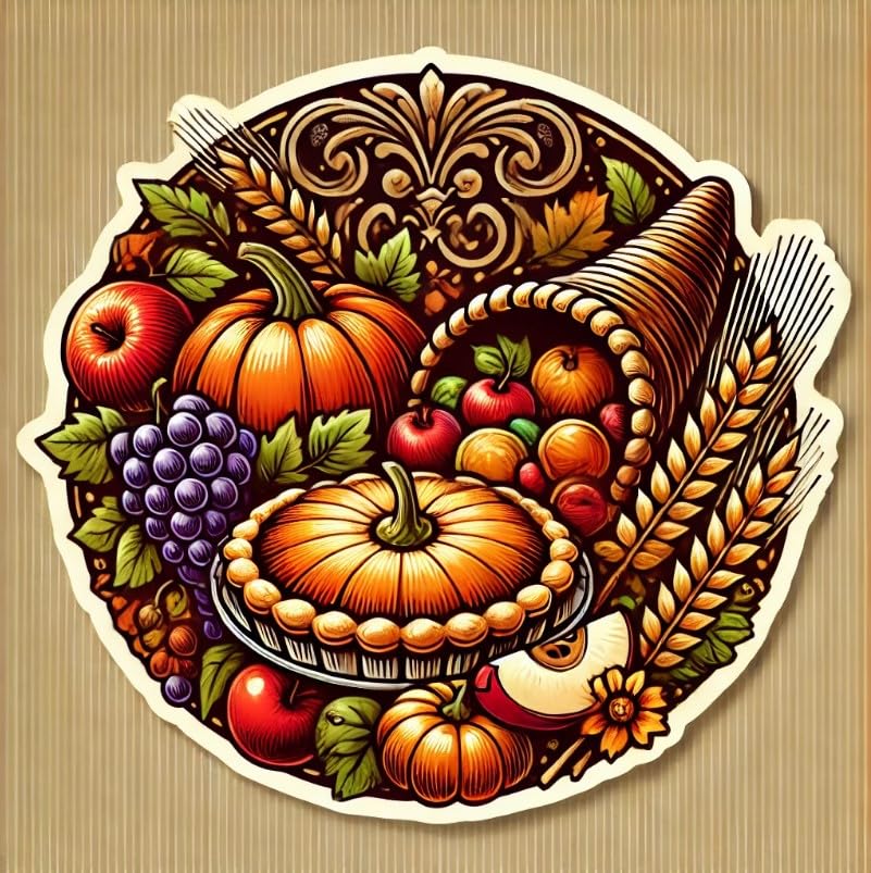 Vinyl sticker: Thanksgiving Day Pumpkin Pie & Harvest Cornucopia Sticker for Laptop, Wall, Car, Window, Bumper Decal – Autumn Feast Design for Truck, Waterproof and Auto Use, Ideal for Water Bottles and More
