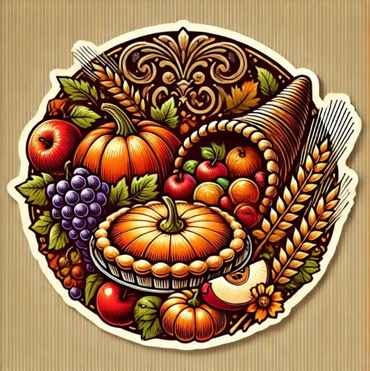 Vinyl sticker: Thanksgiving Day Pumpkin Pie & Harvest Cornucopia Sticker for Laptop, Wall, Car, Window, Bumper Decal – Autumn Feast Design for Truck, Waterproof and Auto Use, Ideal for Water Bottles and More
