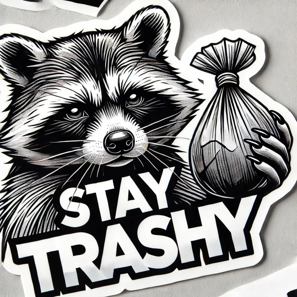 Vinyl sticker: Focused Raccoon Sticker for Laptop, Wall, Car, Window, Bumper - Stay Trashy Decal for Truck, Waterproof Auto, Water Bottle - Detailed Monochrome Art.