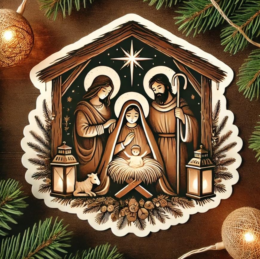 Vinyl sticker: Rustic Nativity Scene with Lanterns and Evergreen Garlands, Laptop and Car Decal