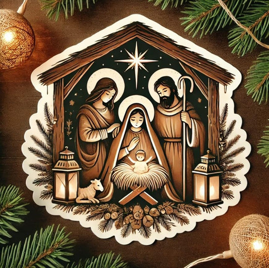 Vinyl sticker: Rustic Nativity Scene with Lanterns and Evergreen Garlands, Laptop and Car Decal