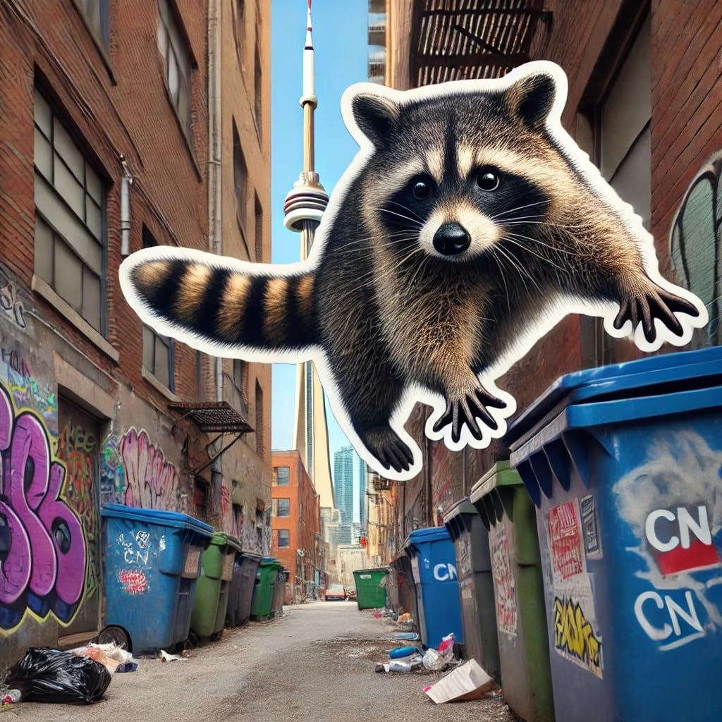 Vinyl sticker: Laptop Wall Car Window Bumper Sticker Decal Truck Waterproof Auto Water Bottle Toronto Trash Panda Raccoon in Rain with Pizza and CN Tower Reflected in Puddle (4)