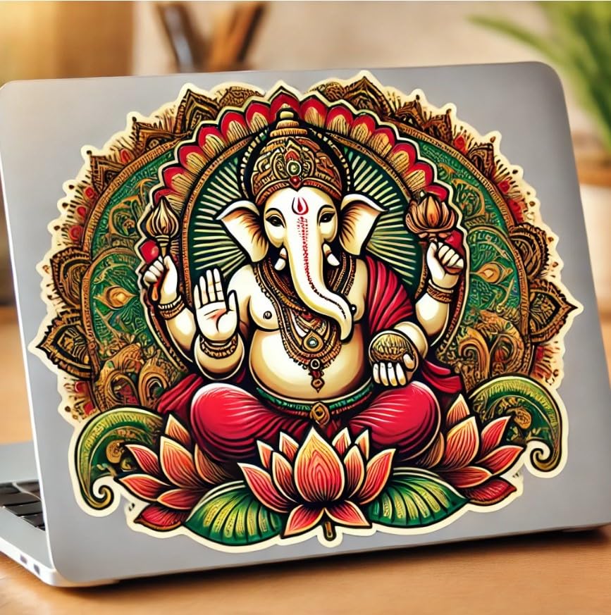 Vinyl sticker: Lord Ganesha Blessing Laptop, Car, Water Bottle, Window Sticker - Prosperity Symbols with Rich Red, Gold, and Green - Waterproof Decal for Bumpers and Auto