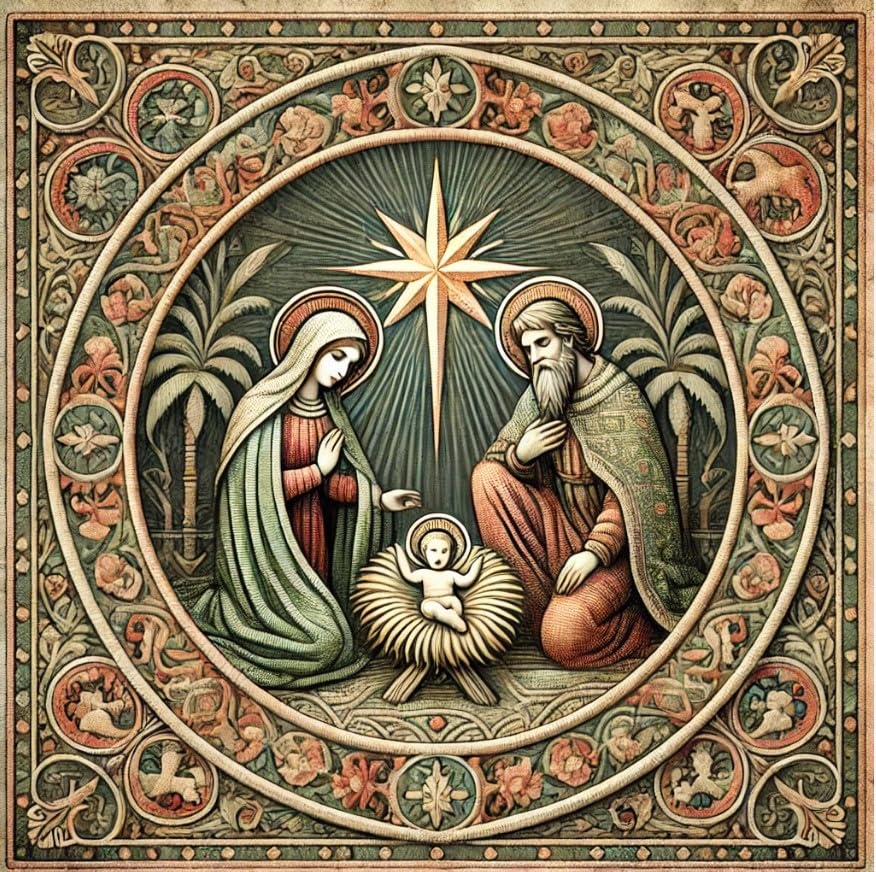 Vinyl sticker: Tapestry Nativity Scene with Textured Patterns, Laptop and Car Decal