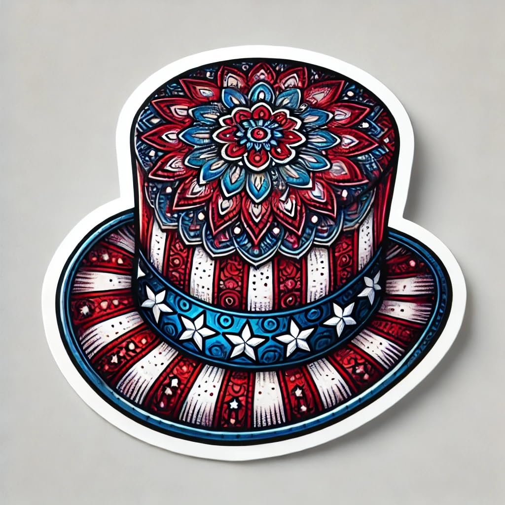 Vinyl sticker: 4th of July Top Hat Sticker for Laptop, Wall, Car, Window, Bumper, Water Bottle - Patriotic Decal with Mandala Center - Waterproof and Durable