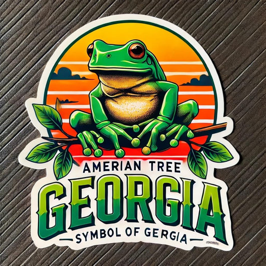 Vinyl sticker: Car Window Laptop Wall Bumper Sticker Waterproof Decal Truck Auto Water Bottle – Sunset Tree Scene American Green Tree Frog Georgia State Nature Symbol (6)