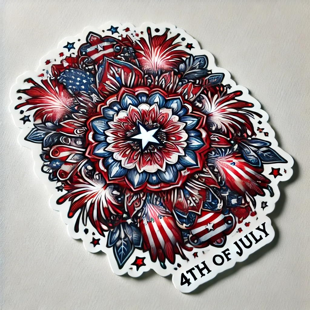 Vinyl sticker: 4th of July Fireworks Sticker for Laptop, Wall, Car, Window, Bumper, Water Bottle - Patriotic Decal with Mandala Center - Waterproof and Durable