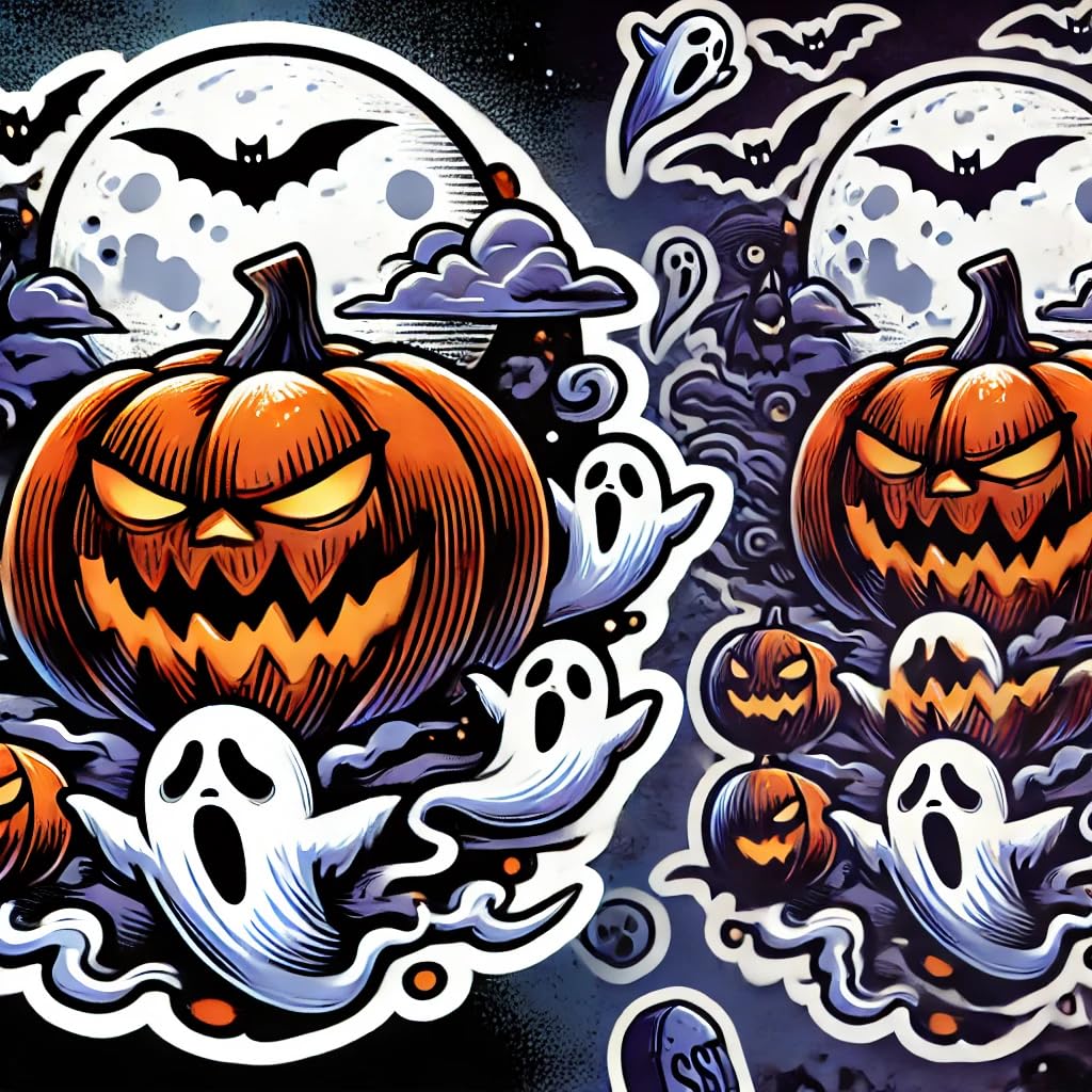 Vinyl sticker: Sinister Jack-o'-Lantern Halloween Sticker - Grinning Pumpkin with Ghosts, Waterproof Vinyl Decal for Laptop, Wall, Car, Window, Bumper, Truck, and Water Bottle