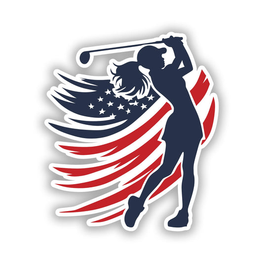 Vinyl sticker: USA Flag-Themed Woman Golfer Silhouette Sticker - Patriotic, Waterproof Decal for Laptops, Cars, and Water Bottles (6)