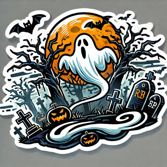 Vinyl sticker: Spooky Graveyard Halloween Sticker - Ghost and Tombstones, Waterproof Vinyl Decal for Laptop, Wall, Car, Window, Bumper, Truck, and Water Bottle (4)