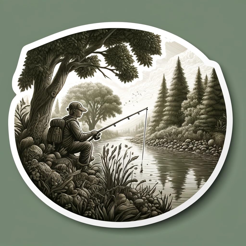 Vinyl sticker: Realistic Riverbank Fishing Sticker for Laptop, Wall, Car, Window, Bumper, Truck, Waterproof Decal, Auto, Water Bottle