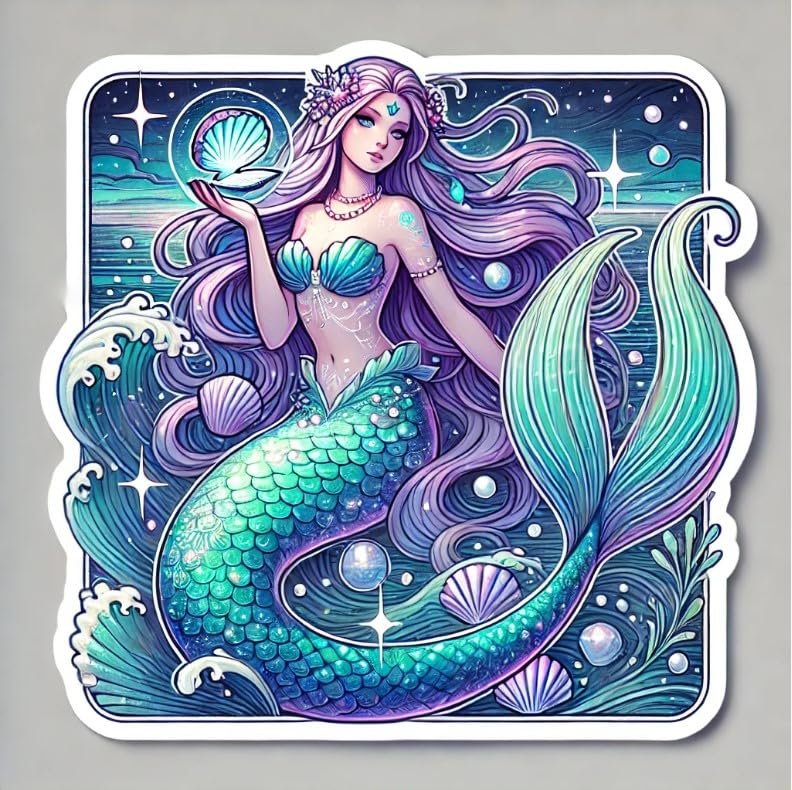 Vinyl sticker: Mystical Mermaid Laptop Wall Car Window Bumper Sticker Decal - Turquoise Lavender Scales, Glowing Seashell, Twilight Ocean, Waterproof, Auto, Water Bottle Decor