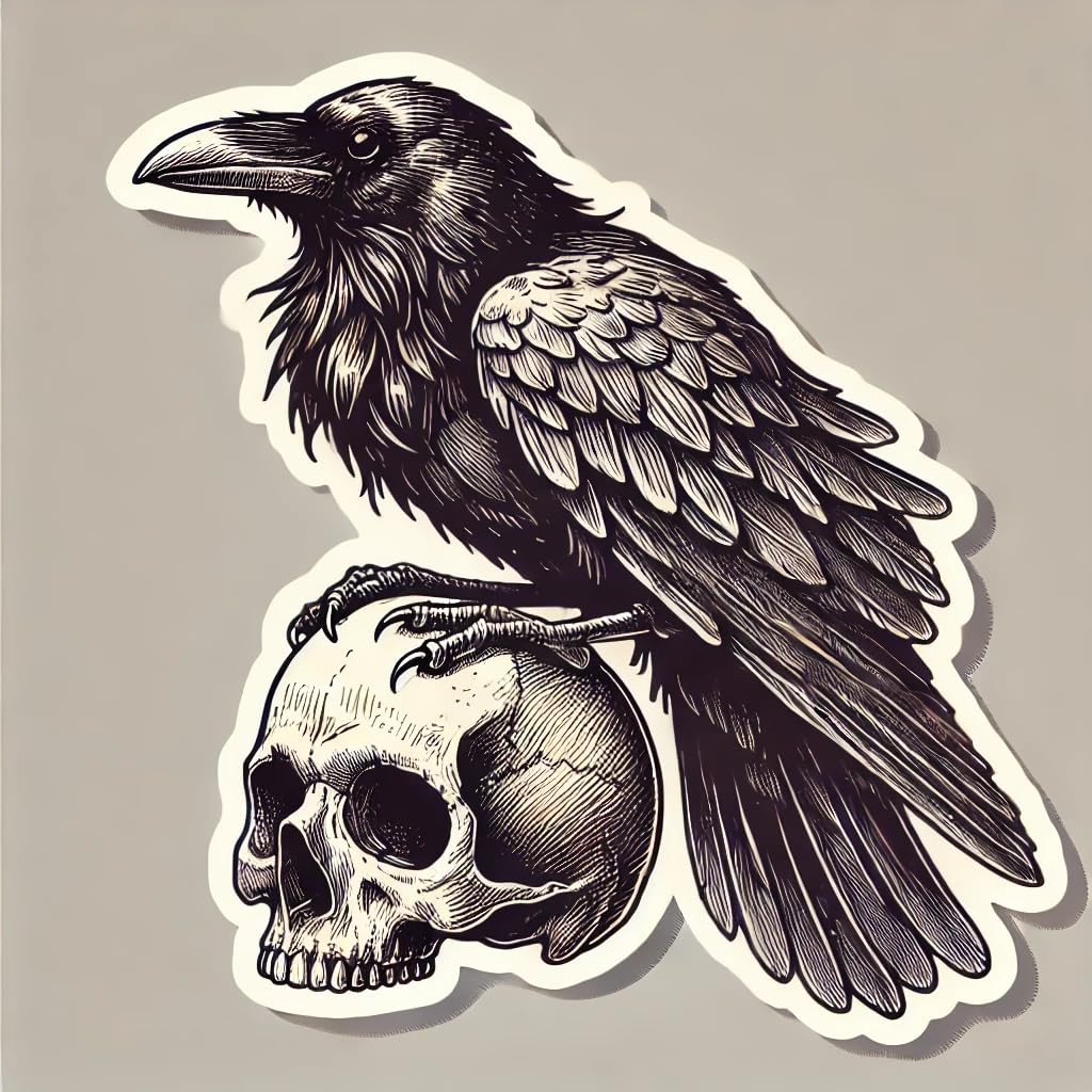 Vinyl sticker: Vintage Illustration Raven Crow on Skull Laptop Wall Car Window Bumper Sticker Decal Truck Waterproof Auto Water Bottle
