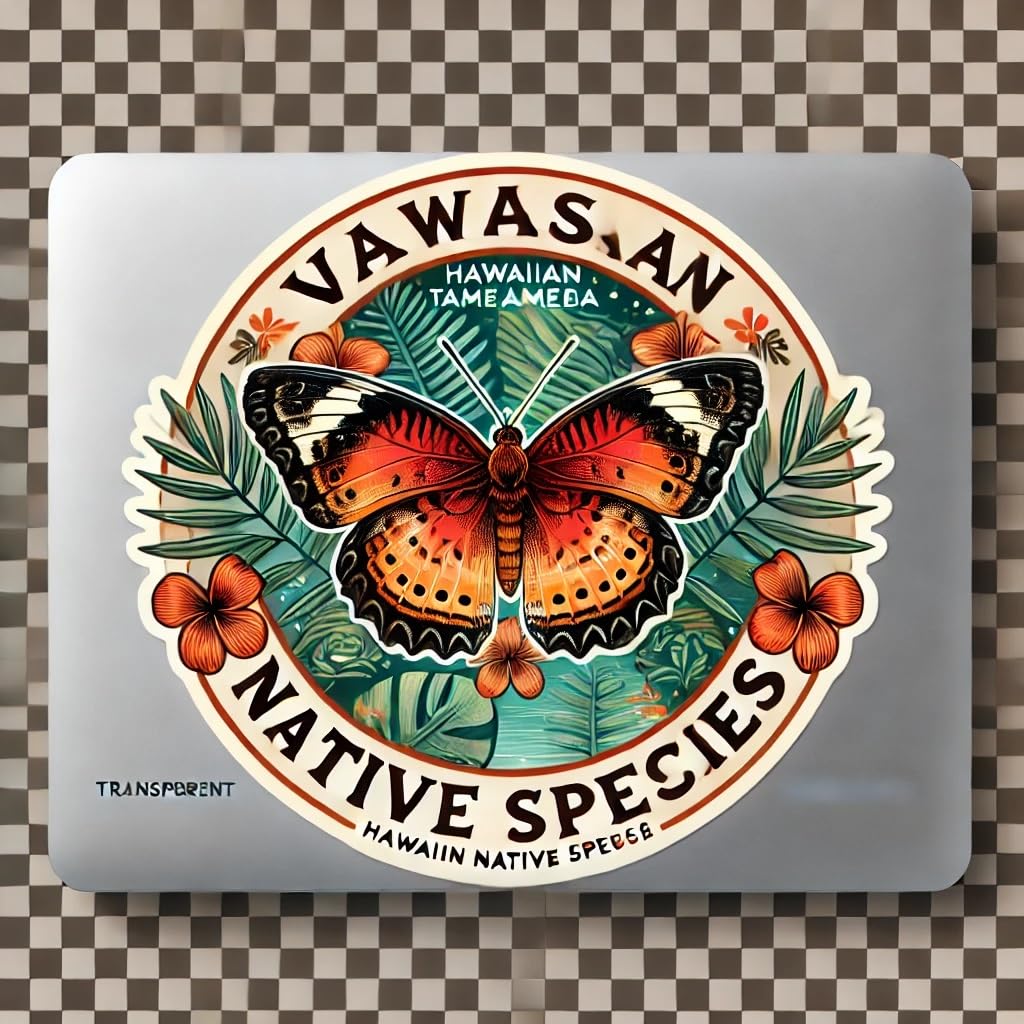 Vinyl sticker: Laptop Bumper Wall Car Window Waterproof Sticker Decal for Auto Truck Bottle – Vanessa tameamea Butterfly with Aloha Spirit Tropical Message in Warm Orange Red Island Design