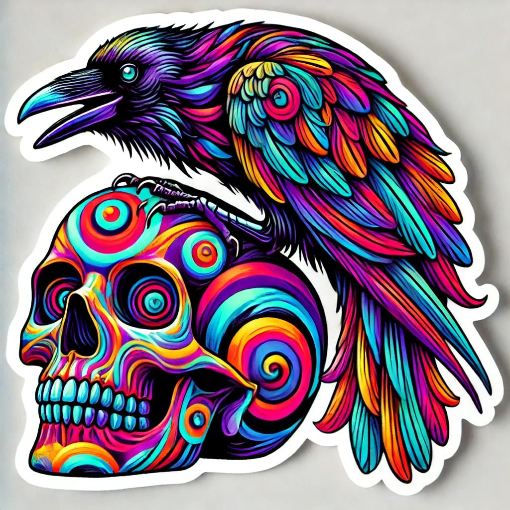 Vinyl sticker: Vibrant Psychedelic Raven Crow on Skull Laptop Wall Car Window Bumper Sticker Decal Truck Waterproof Auto Water Bottle (4)