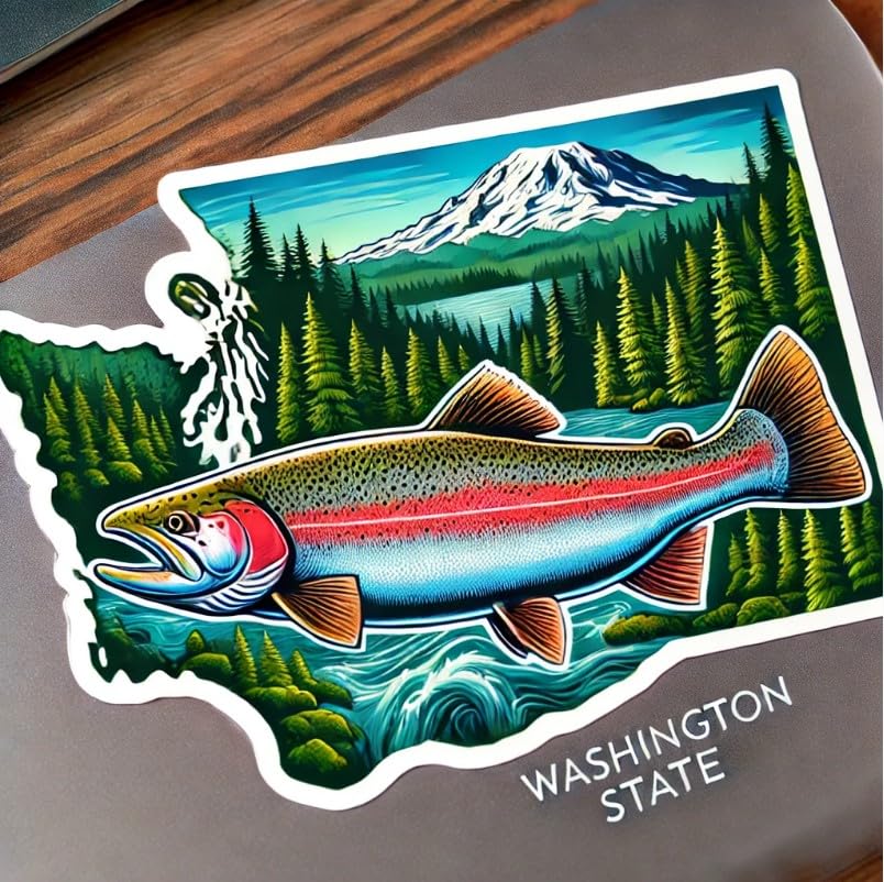 Vinyl sticker: Steelhead Trout Washington Evergreen River Laptop Wall Car Window Bumper Sticker Decal Waterproof Auto Water Bottle Scenic Nature Design