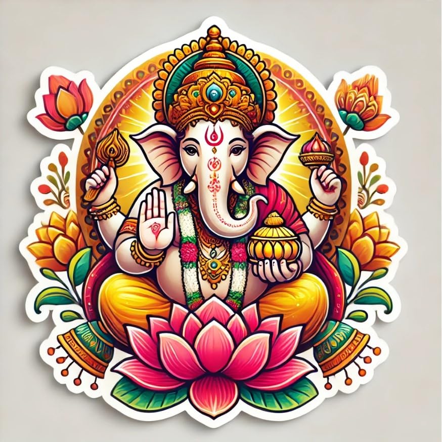 Vinyl sticker: Ganesha Blessing with Modak Laptop, Car, Water Bottle, Window Sticker - Vibrant Orange, Pink, and Gold Design - Prosperity and Good Fortune Waterproof Decal for Bumpers and Auto