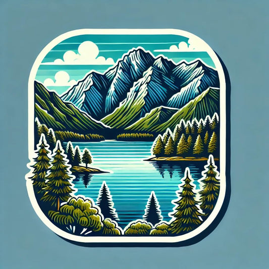 Vinyl sticker: Scenic Mountains, Lake, and Forest Landscape Sticker for Laptop, Wall, Car, Window, Bumper, Waterproof Decal for Truck, Auto, Water Bottle