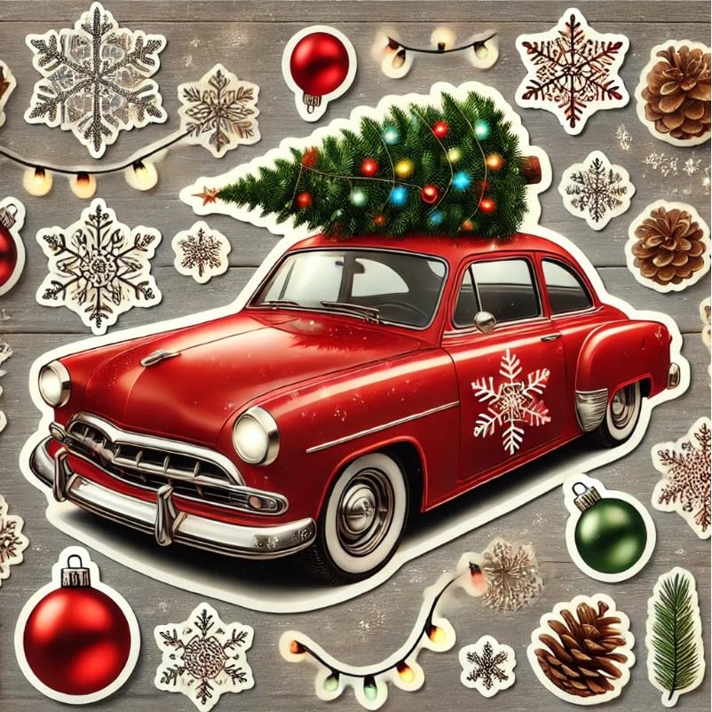 Vinyl sticker: Christmas Vintage Car with Tree Laptop Wall Car Window Bumper Sticker Decal for Truck Waterproof Auto and Water Bottle