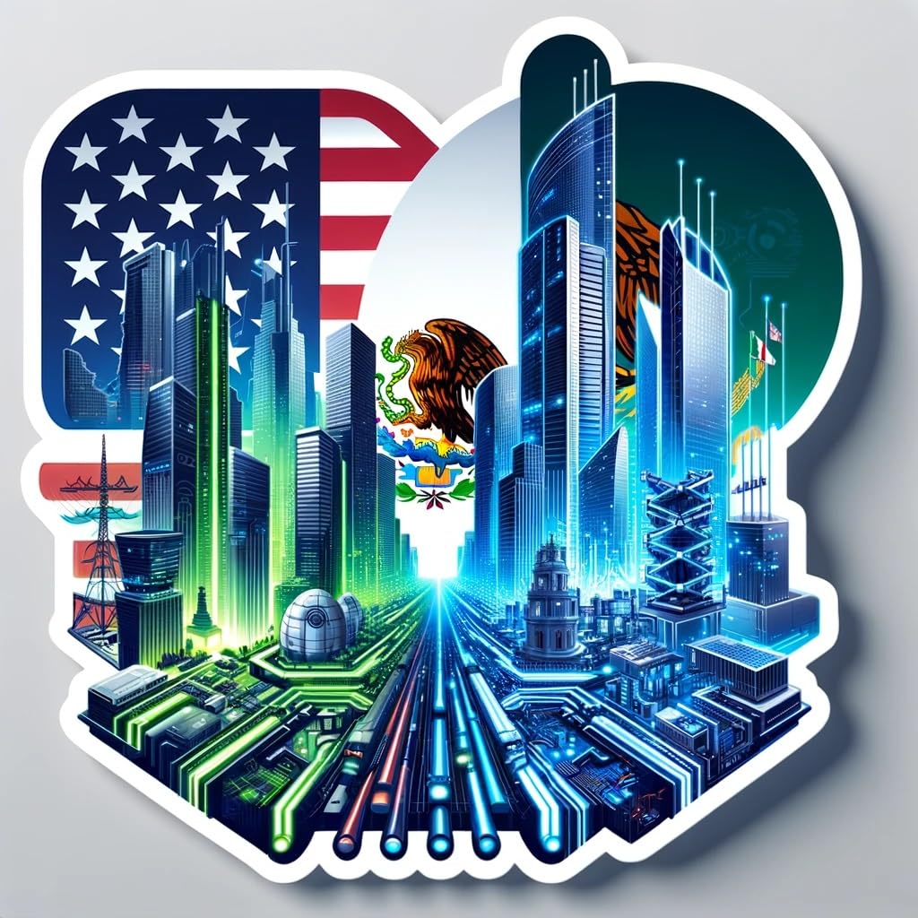 Vinyl sticker: USA-Mexico Tech Innovation Sticker: Futuristic Cityscape Decal for Laptops, Cars, and Tech Enthusiasts