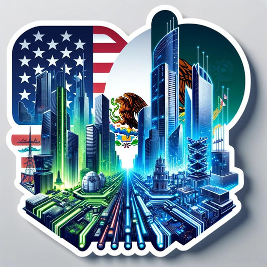 Vinyl sticker: USA-Mexico Tech Innovation Sticker: Futuristic Cityscape Decal for Laptops, Cars, and Tech Enthusiasts