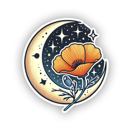 Vinyl sticker: California Poppy Moonlight Decal - Waterproof Sticker for Laptop, Wall, Car, Window, Bumper, Truck, and Water Bottle