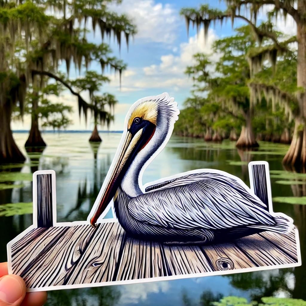 Vinyl sticker: Resting American Pelican Waterproof Sticker for Laptop, Wall, Car, Window, Bumper, Decal, Truck, Auto, Water Bottle – Louisiana Bayou Bird on Pier