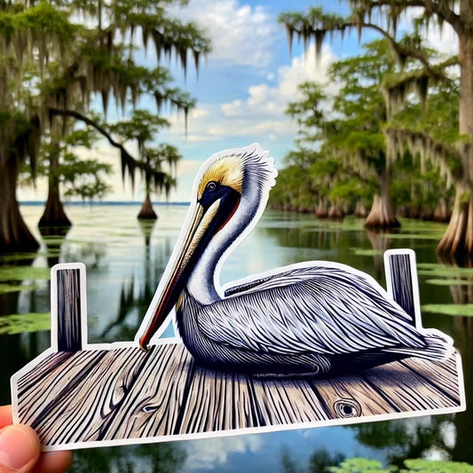 Vinyl sticker: Resting American Pelican Waterproof Sticker for Laptop, Wall, Car, Window, Bumper, Decal, Truck, Auto, Water Bottle – Louisiana Bayou Bird on Pier
