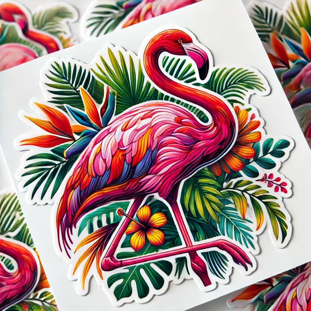 Vinyl sticker: Colorful Flamingo in Tropical Setting Sticker Decal for Laptop, Wall, Car, Window, Bumper, Truck, Waterproof Auto, Water Bottle (6)