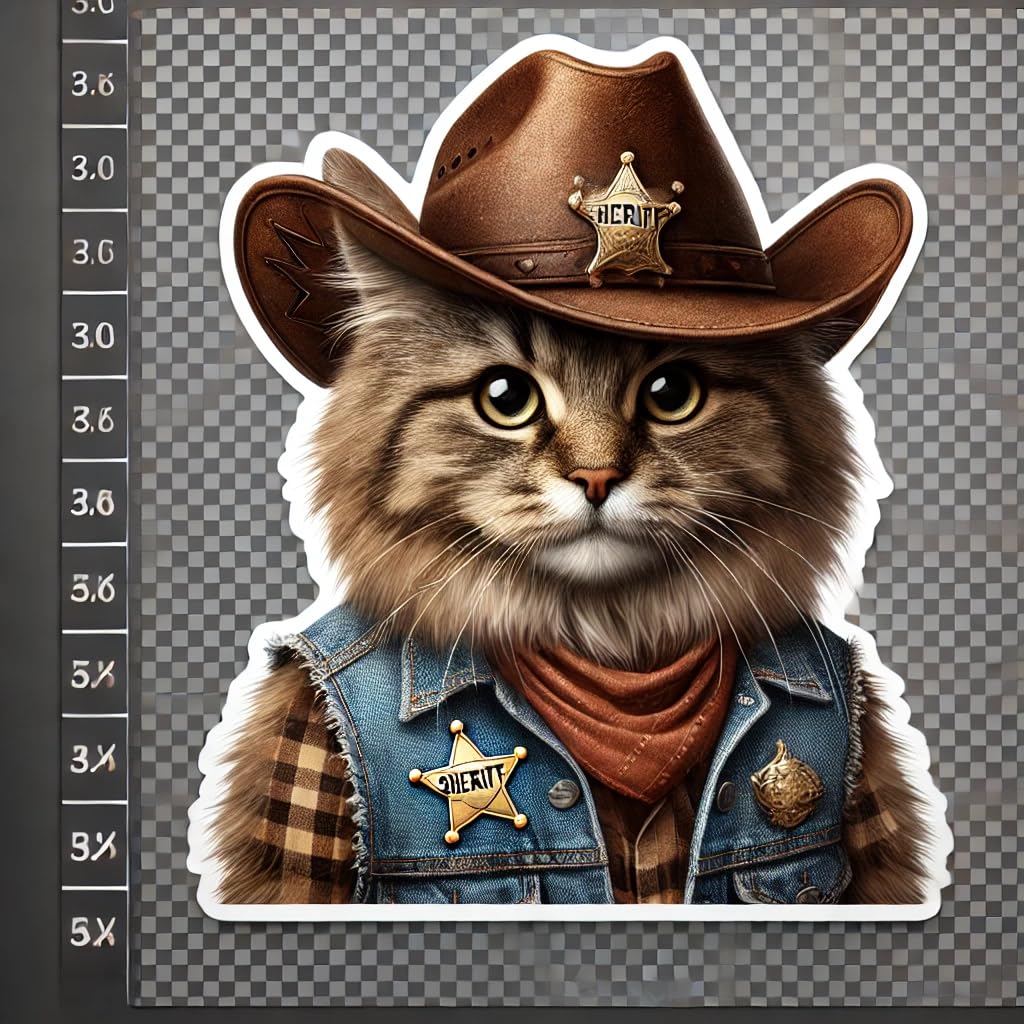 Vinyl sticker: Laptop Wall Car Window Bumper Sticker Decal Truck Waterproof Auto Water Bottle – Fluffy Cowboy Cat in Leather Hat and Denim Vest (4)