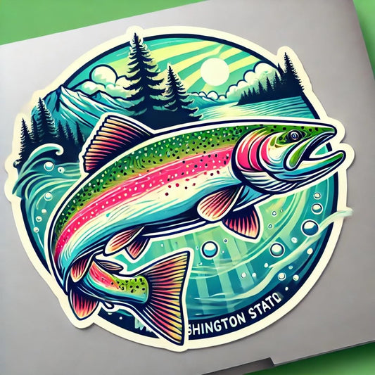 Vinyl sticker: Steelhead Trout Sticker for Laptop, Wall, Car, Window, Bumper, Decal with Mountain and River, Waterproof Auto Truck Vinyl for Water Bottles