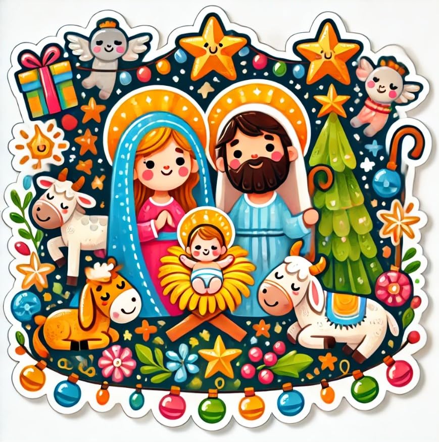 Vinyl sticker: Playful Nativity Scene with Smiling Animals and Stars, Laptop and Car Decal