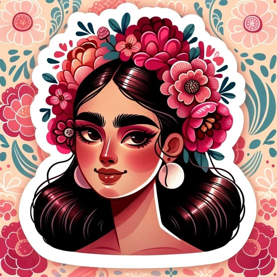 Vinyl sticker: Viva LA VIDA Beautiful Girl Wreath Flowers Lifestyle Sticker Frida Kahlo Inspired Multicolor Waterproof Vinyl Decals in Diverse Shapes for Laptops Cars Bottles Latina Art