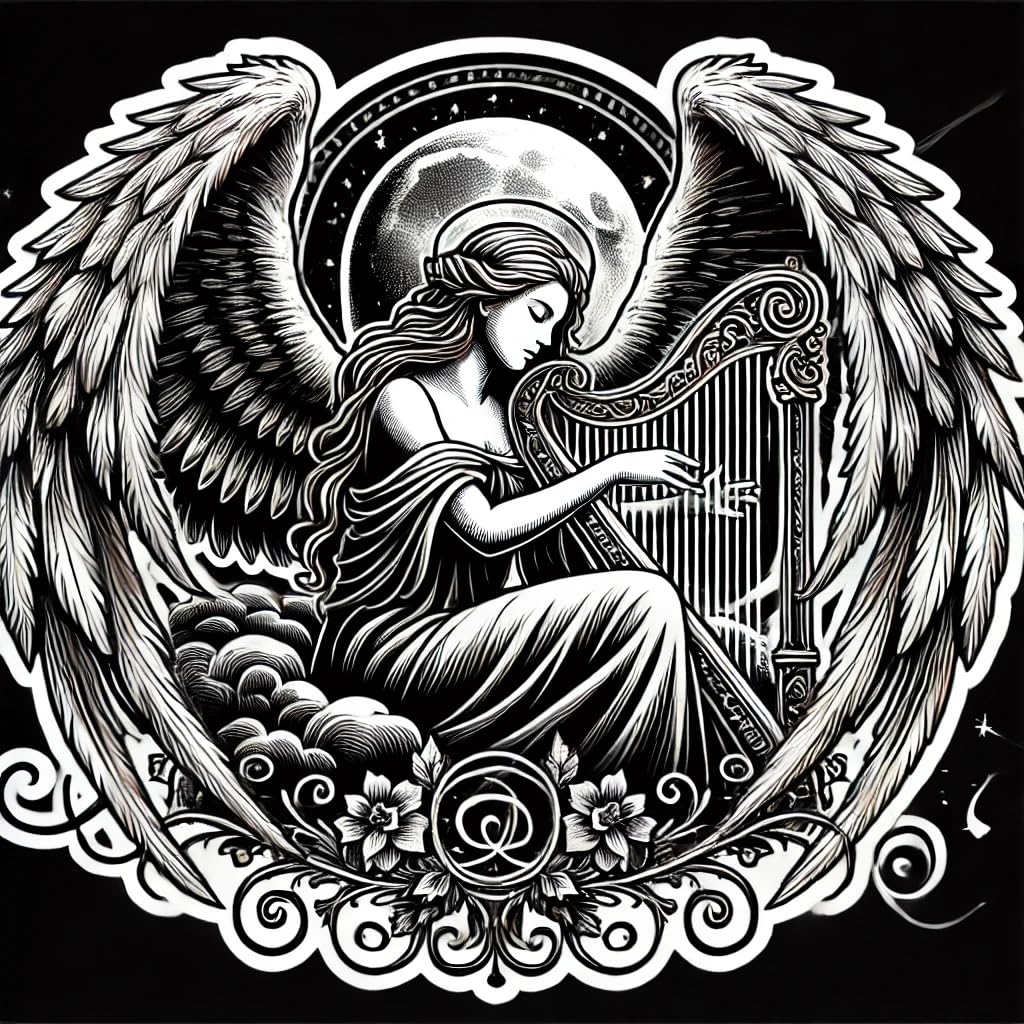 Vinyl sticker: Gothic Angel Playing Harp – Waterproof Vinyl Sticker for Laptop, Car, Window, Wall, Bumper, Truck, Auto, Water Bottle