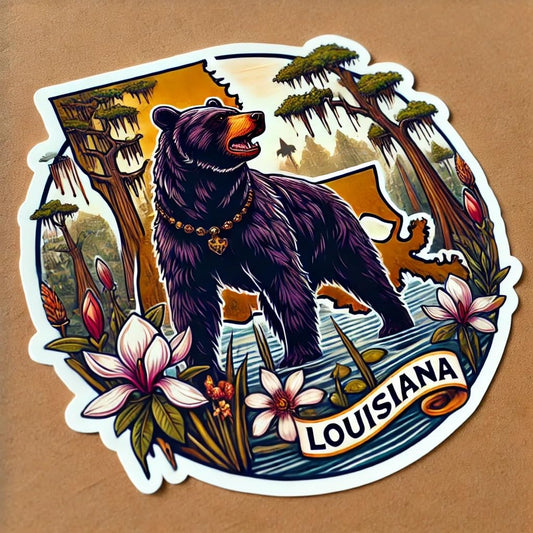 Vinyl sticker: Cartoon Louisiana Black Bear Vinyl Sticker – Fun Decal for Car, Laptop, Window, Bumper, Truck, Water Bottle