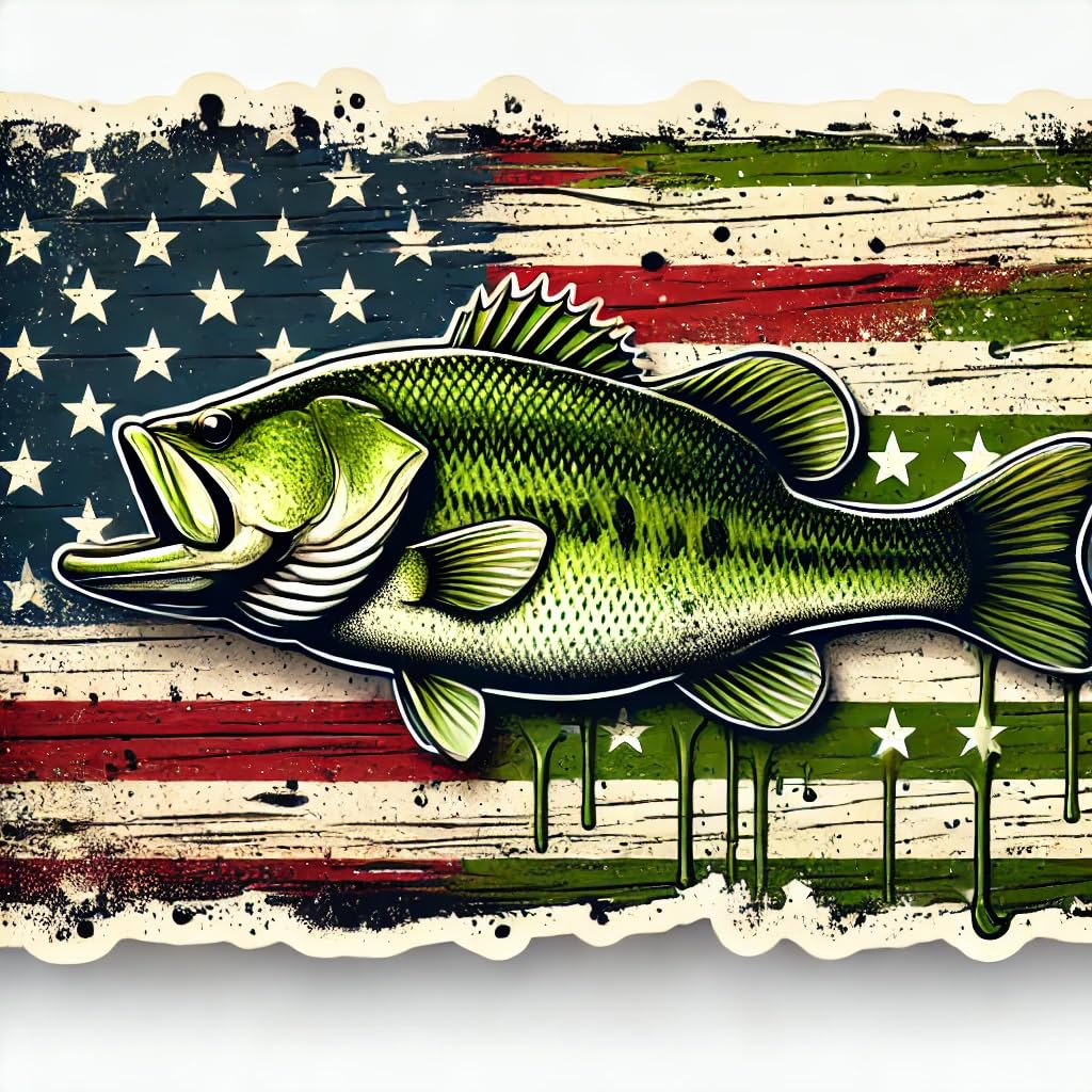 Vinyl sticker: Tattered Swampy American Flag Background Largemouth Bass Fish Sticker Decal - Perfect for Car, Truck, Wall, Laptop, Window, Bumper, Water Bottle, and More. Embrace The spirit of American pride.