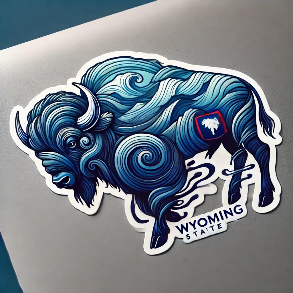 Vinyl sticker: Surreal Bison Sticker for Laptop Car Window Wall Waterproof Decal – Stylized Buffalo with Swirling Fur and Wave-Like Wyoming Mountains for Auto Truck Bumper Bottle Design