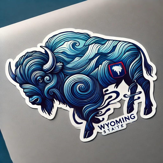 Vinyl sticker: Surreal Bison Sticker for Laptop Car Window Wall Waterproof Decal – Stylized Buffalo with Swirling Fur and Wave-Like Wyoming Mountains for Auto Truck Bumper Bottle Design