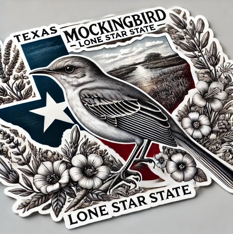 Vinyl sticker: Texas Mockingbird Lone Star State Sticker for Laptop, Wall, Car, Window, Bumper, Waterproof Decal for Truck and Water Bottle