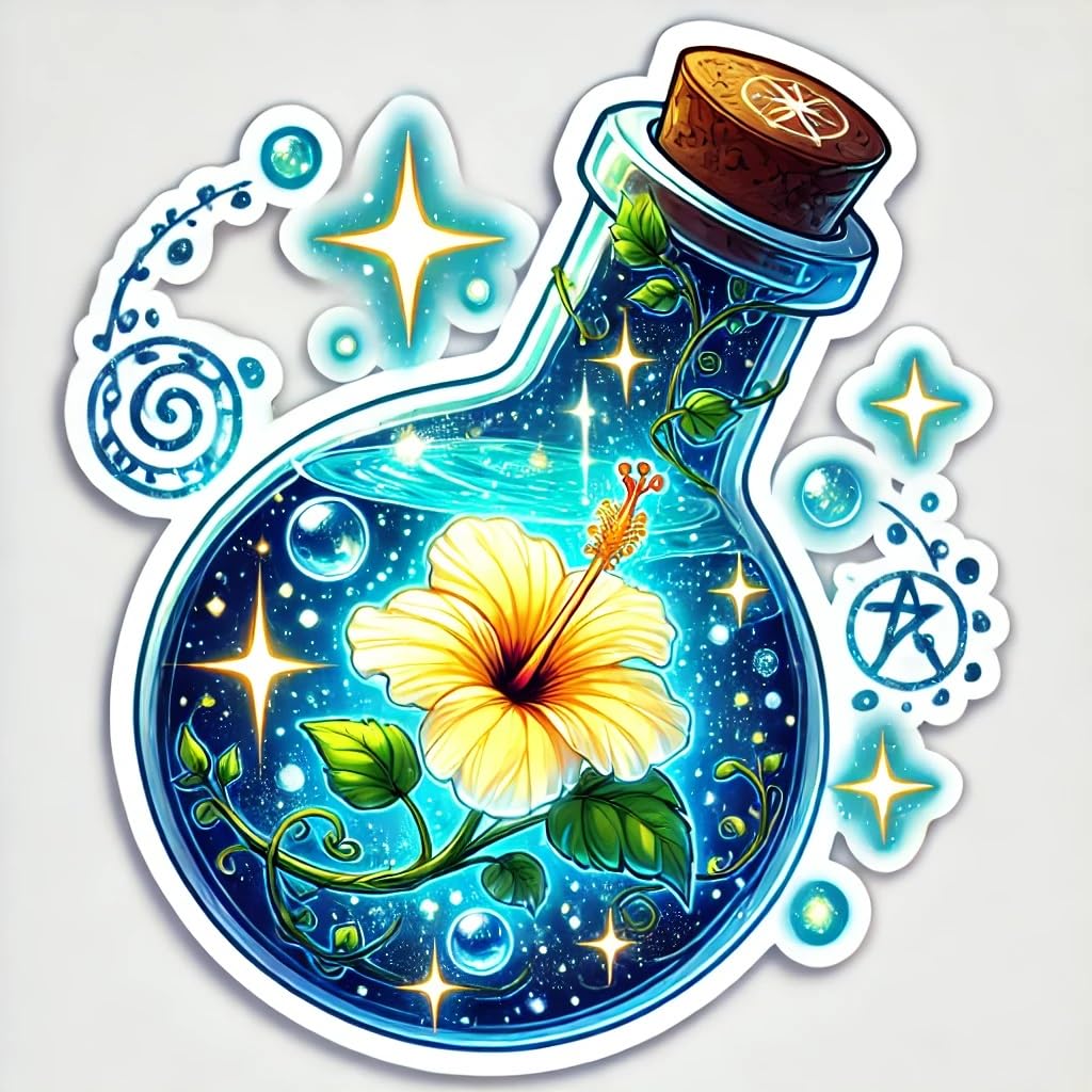 Vinyl sticker: Laptop Car Bumper Window Waterproof Sticker Decal - Fantasy Hibiscus brackenridgei Inside Magical Potion Bottle with Sparkling Liquid and Runes