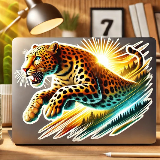 Vinyl sticker: Running Leopard in Sunlit Forest Sticker for Laptop, Wall, Car, Window, Bumper, Decal, Waterproof Truck Vinyl for Auto and Water Bottle