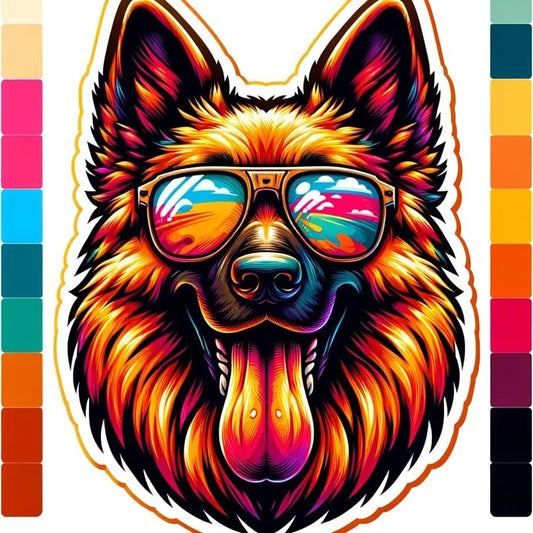Vinyl sticker: Sticker German Shepherd Multi-Colored Glasses Patriotic Dog Vinyl Decal American Flag & Cute Dogs in Glasses USA Pride Canine Waterproof Décor for Laptops Water Bottles Shepherd Breed Art