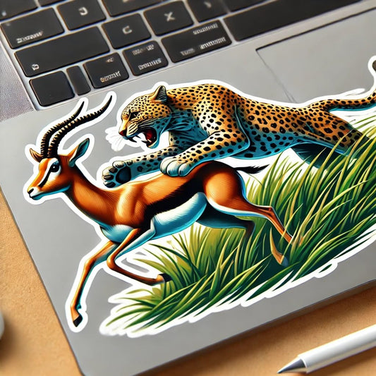 Vinyl sticker: Running Leopard Chasing Gazelle Sticker for Laptop, Wall, Car, Window, Bumper, Decal, Waterproof Truck Vinyl for Auto and Water Bottle