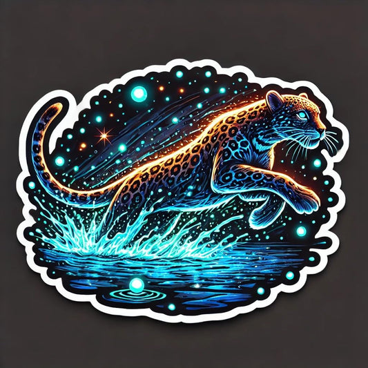 Vinyl sticker: Running Leopard with Bioluminescent Glow Sticker for Laptop, Wall, Car, Window, Bumper, Decal, Waterproof Truck Vinyl for Auto and Water Bottle