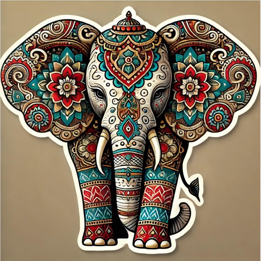 Vinyl sticker: Mandala Elephant Sticker for Laptop, Wall, Car Window, Bumper, Waterproof Truck Decal, Auto Water Bottle Decor with Traditional Indian Design