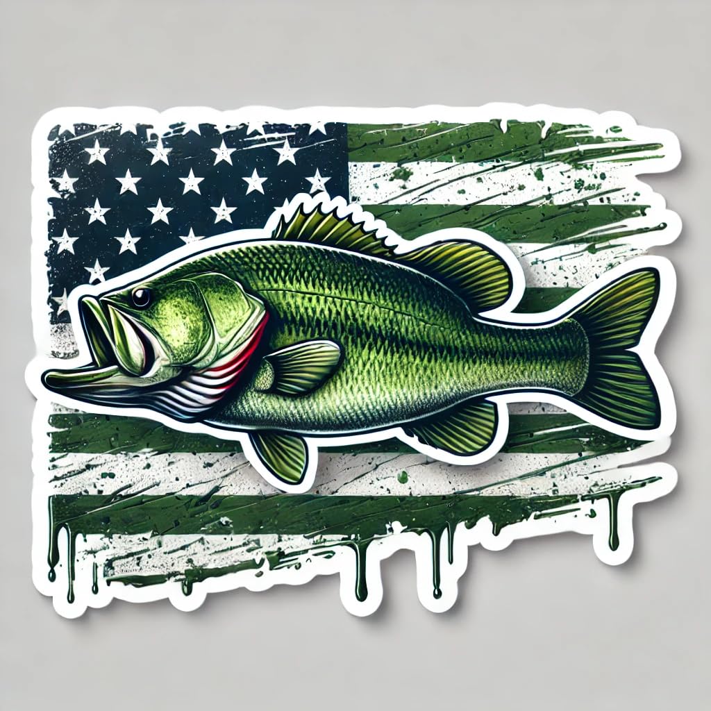 Vinyl sticker: Tattered Swampy American Flag Background Largemouth Bass Fish Sticker Decal - Perfect for Car, Truck, Wall, Laptop, Window, Bumper, Water Bottle, and More. Celebrate your love for fishing.